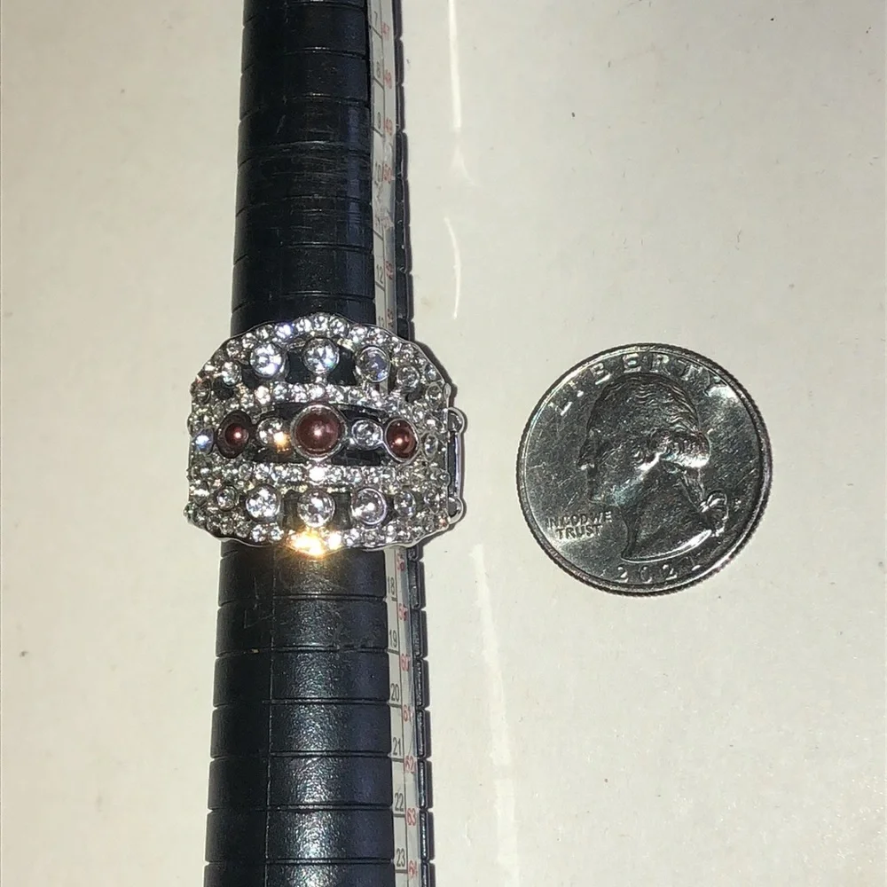 Rhinestone and Faux Pearl Accent Wide Band Ring - Silver Tone